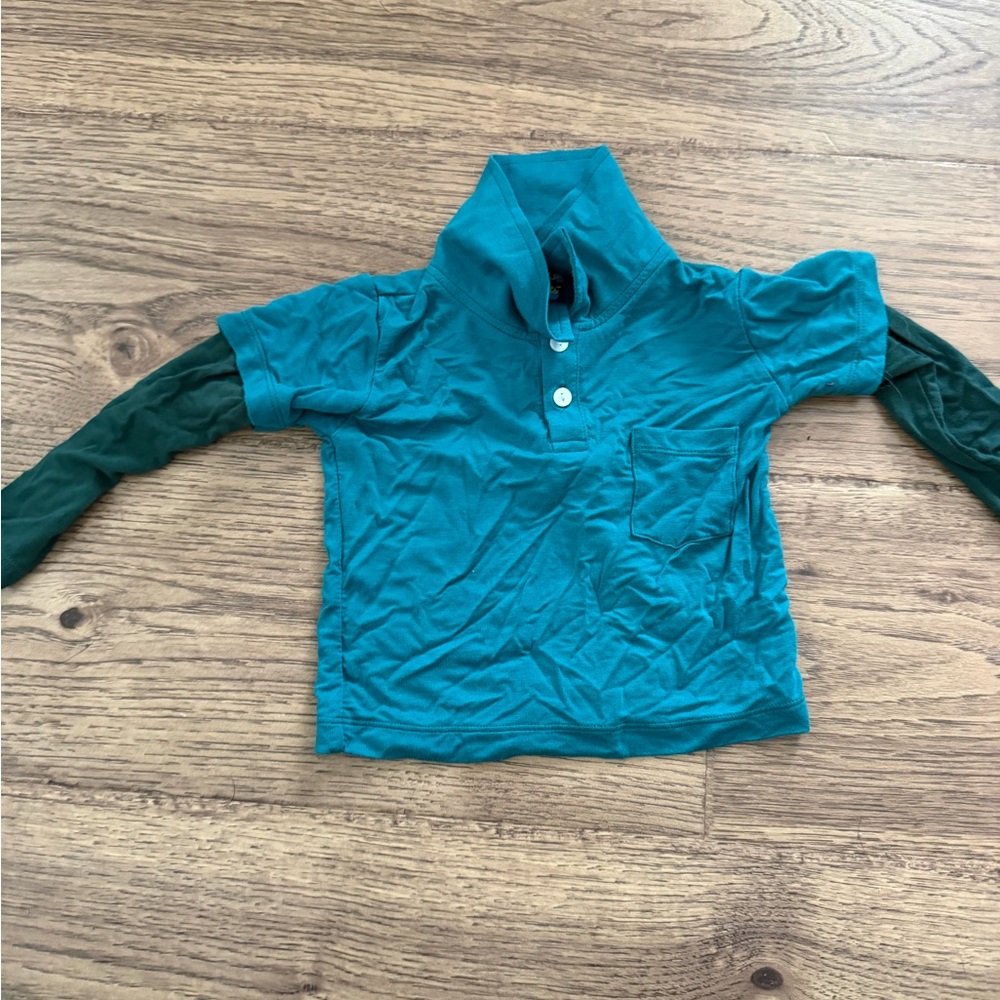 Kickee Pants Teal Polo with Dark Green Layered Sleeves